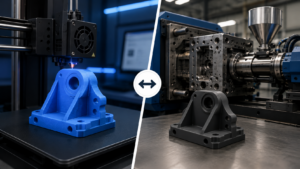 Side-by-side comparison of 3D printing and injection molding, showing a blue 3D printed part next to an injection molding machine with key differences in setup cost, per-part pricing, lead time, design flexibility, and scalability