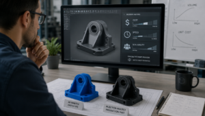 Side-by-side comparison of 3D printing and injection molding, showing a blue 3D printed part next to an injection molding machine with key differences in setup cost, per-part pricing, lead time, design flexibility, and scalability